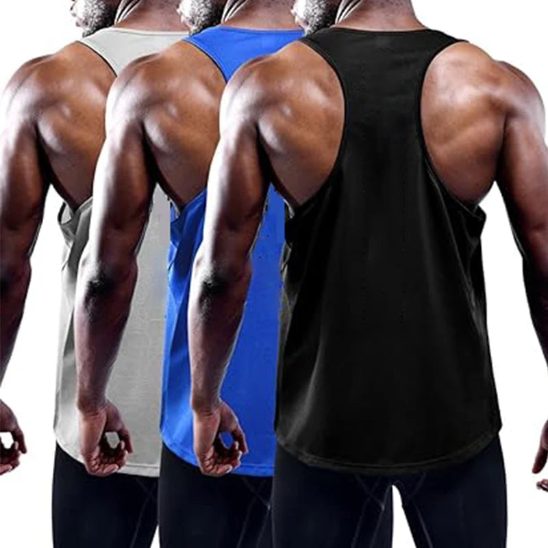 Three men wearing tank tops in black, blue, and gray on a white background