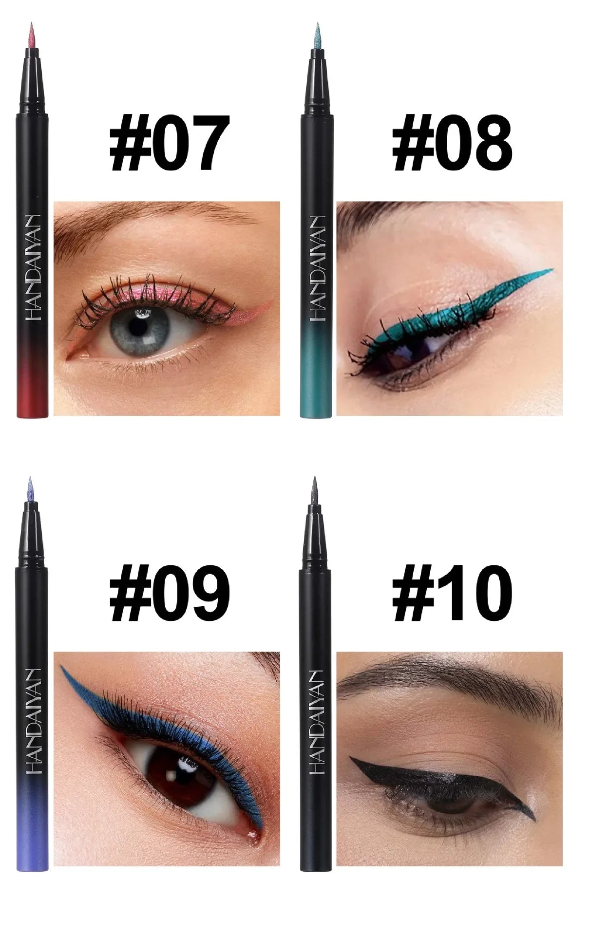 Eyeliner pens with colour swatches on eyes
