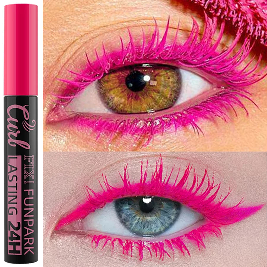 Eyelashes with pink color and a mascara tube labeled 'Funpark' on a close-up of an eye.