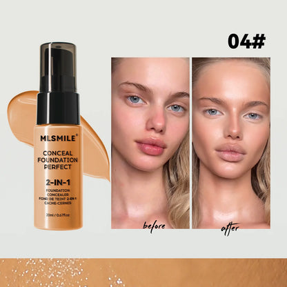 MLSMILE concealer foundation bottle with 'before' and 'after' skin comparisons on a light gray background.