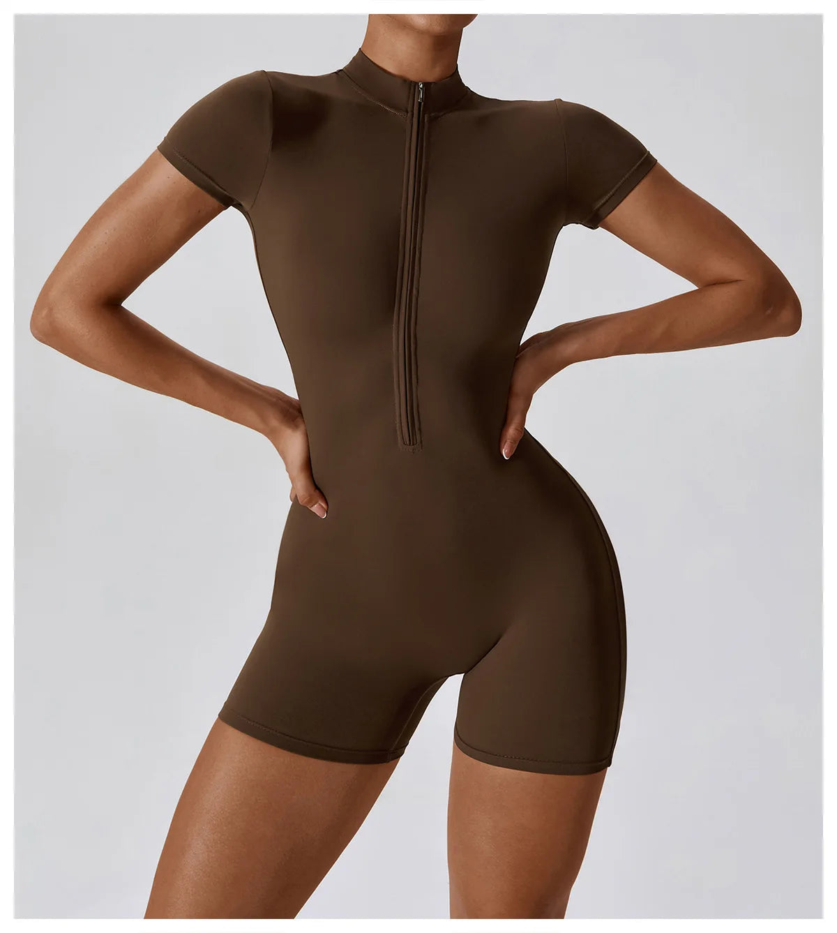 Brown bodysuit worn by a person on a light gray background