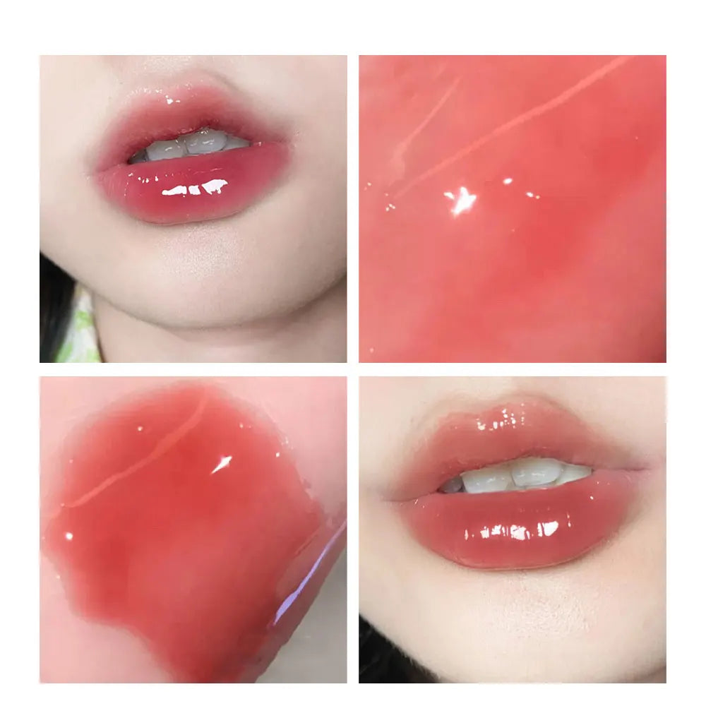 Close-up of glossy pink lipstick on lips with different angles.