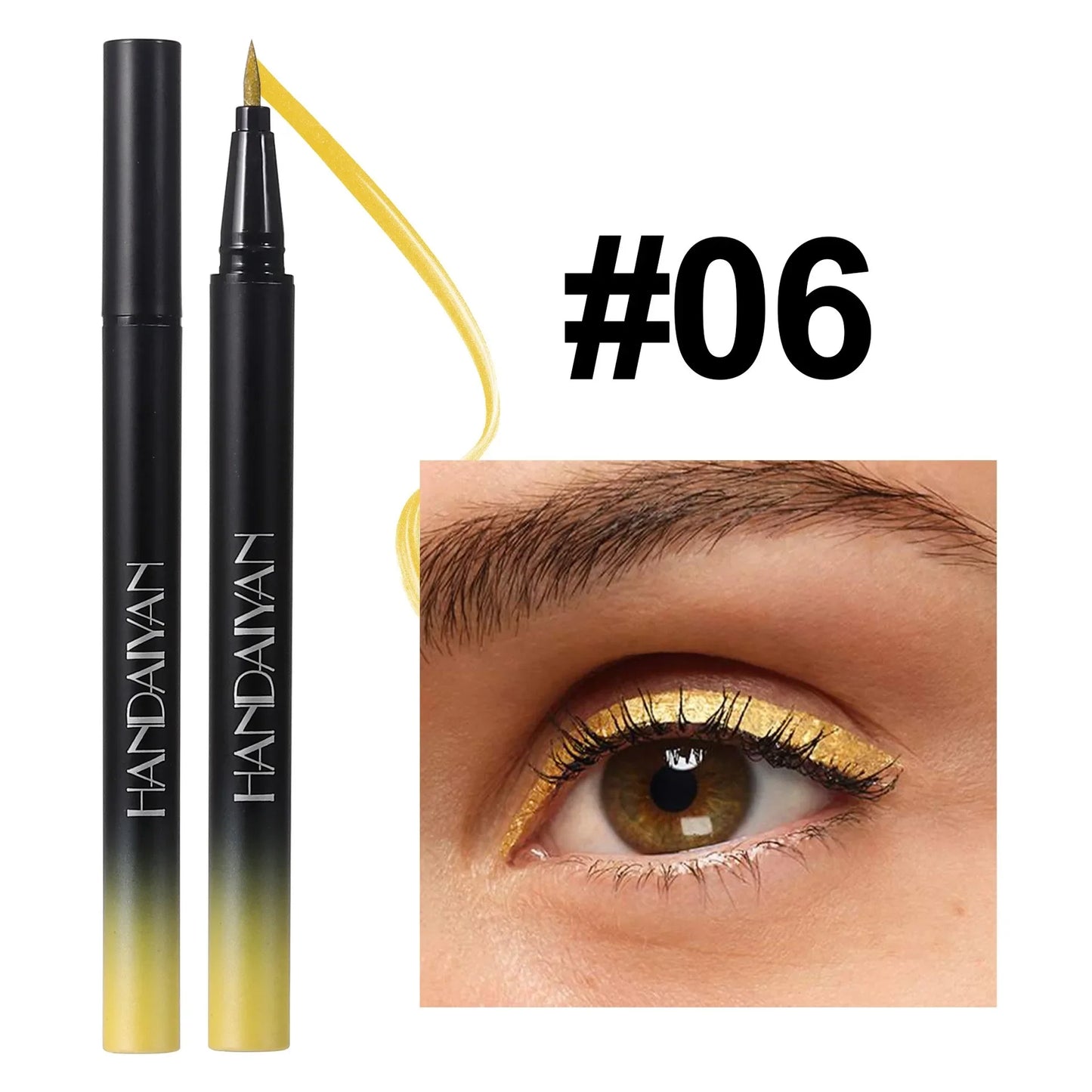 Eyebrow pencil with a close-up of an eye wearing it, featuring the brand 'HANDAIVAN'.