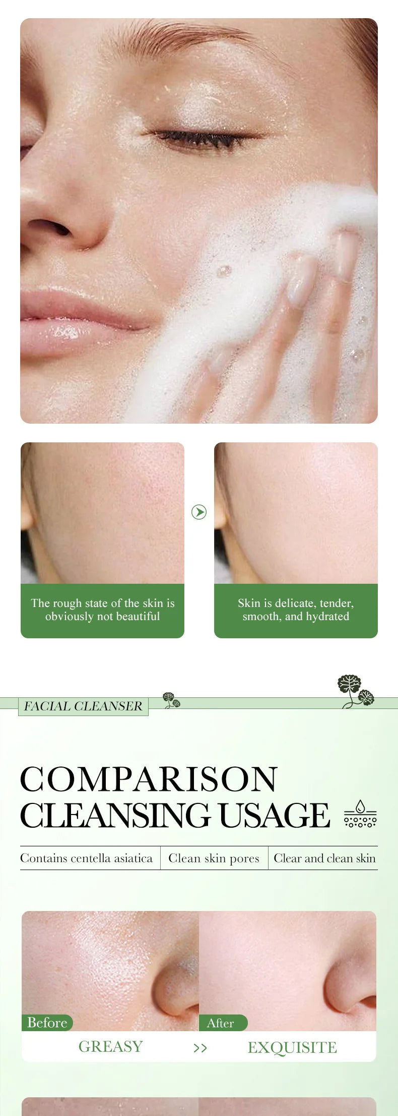Comparison of cleansing usage with a person applying cleanser to their face.