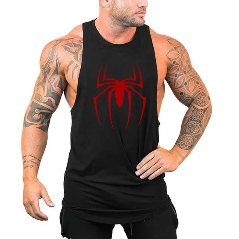 Man wearing a black tank top with a red spider logo on a white background