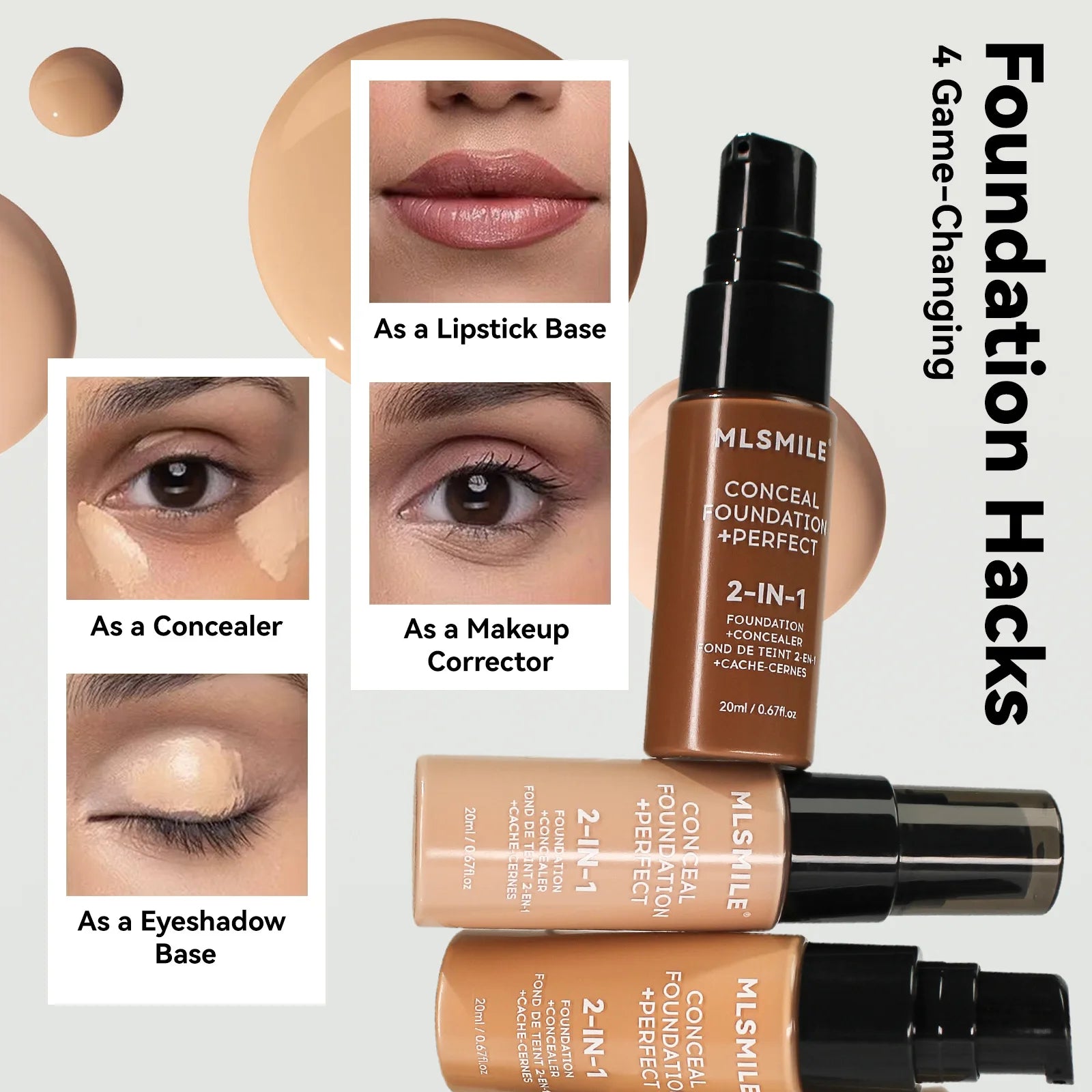 MLSmile foundation bottles with usage tips on a light gray background