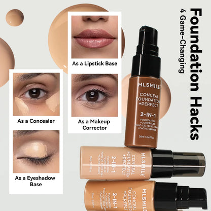 MLSmile foundation bottles with usage tips on a light gray background