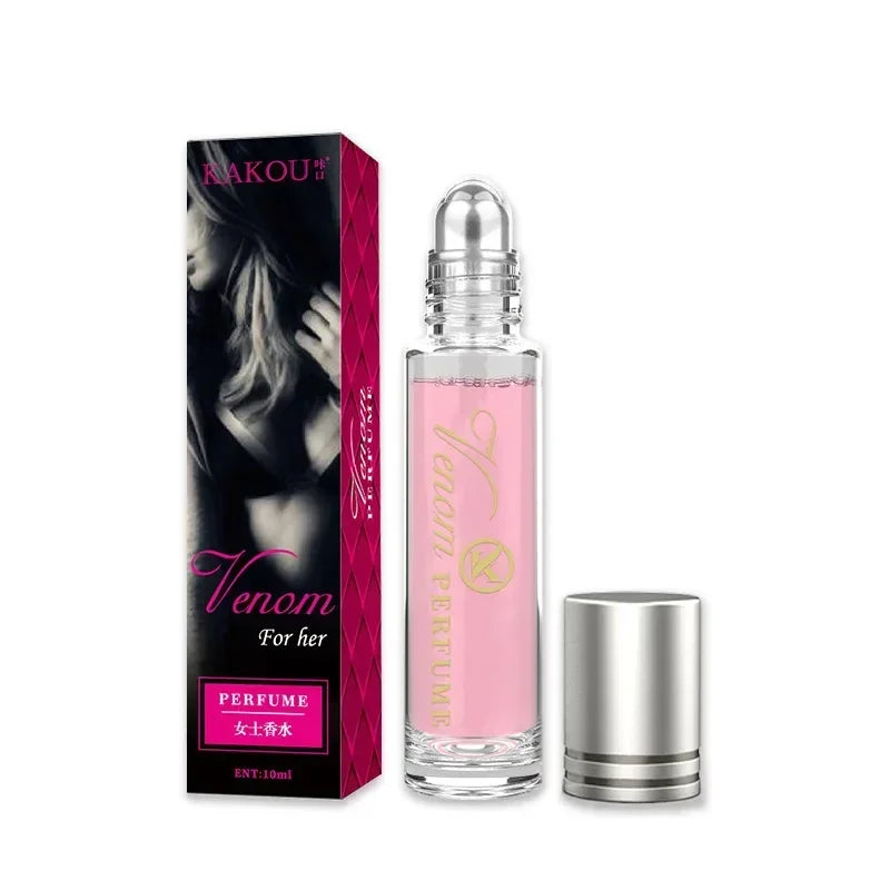 Perfume bottle with pink cap and silver rollerball design, next to its packaging on a white background.