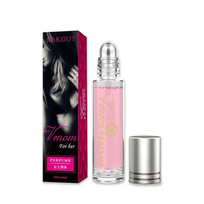 Perfume bottle with pink cap and silver rollerball design, next to its packaging on a white background.