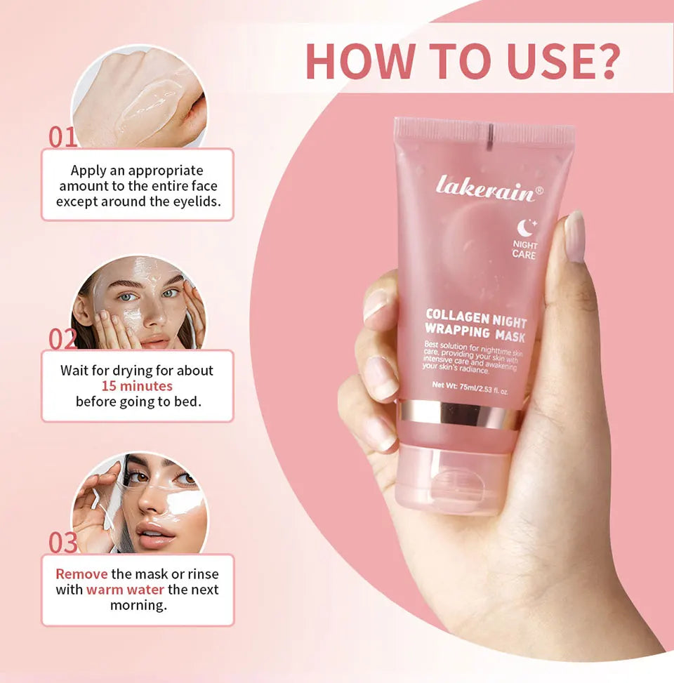 Lakerain collagen night wrapping mask with usage instructions on a pink background