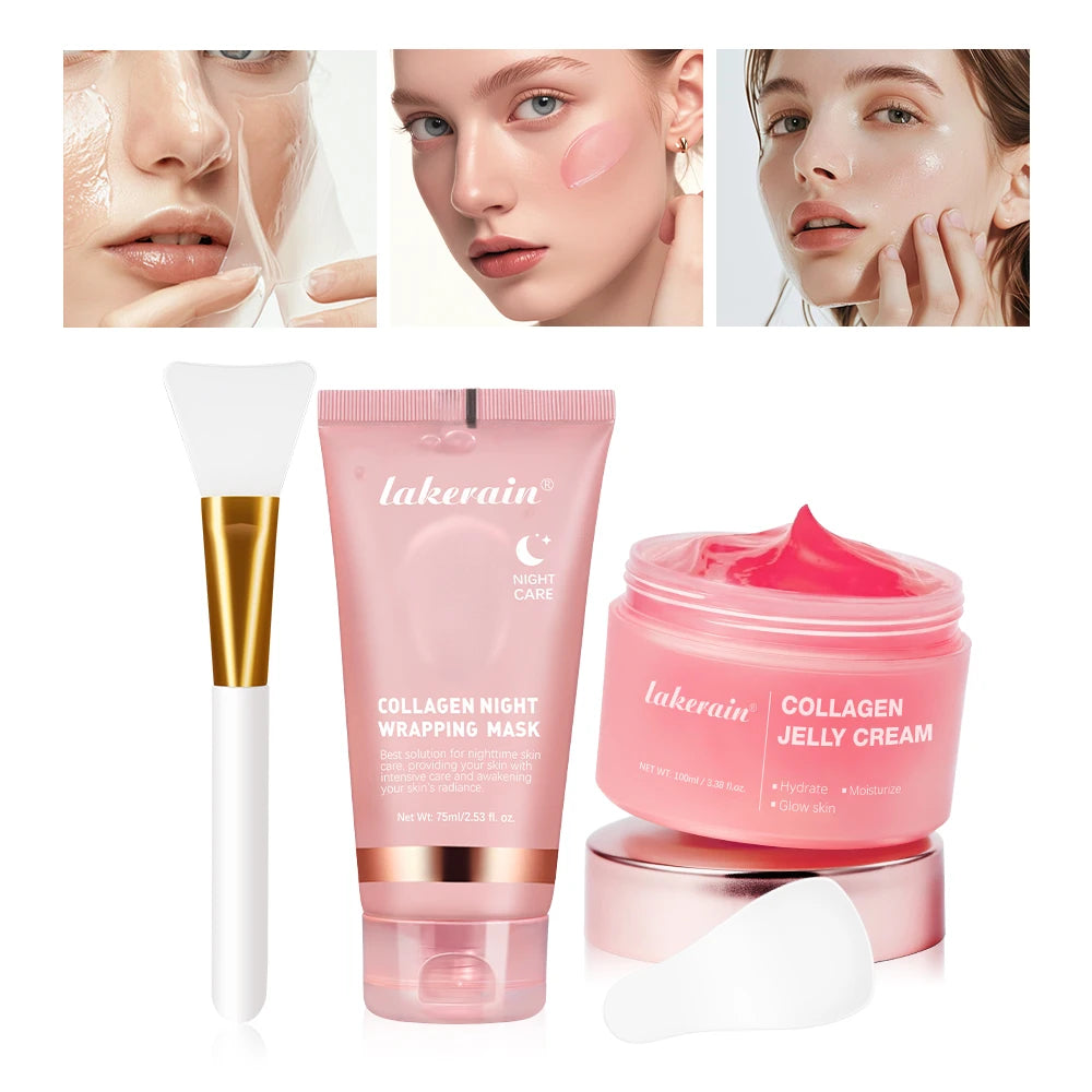 Collagen night wrapping mask and jelly cream with a brush on a white background, featuring the brand 'lakerain'.