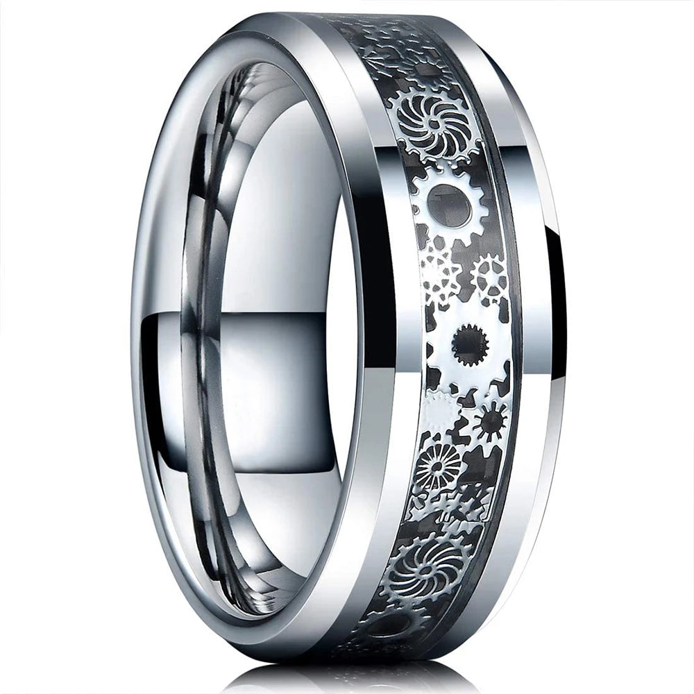 Silver ring with gear design on a white background
