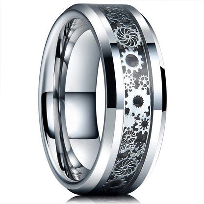 Silver ring with gear design on a white background