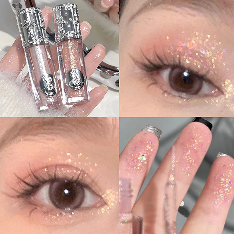 Collage of glittery makeup products and their application on eyes and nails.