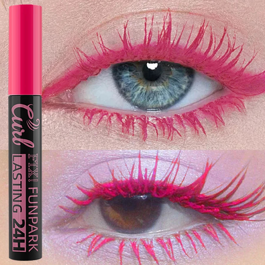 Eyelash curler with pink eyelashes applied on a close-up of an eye.