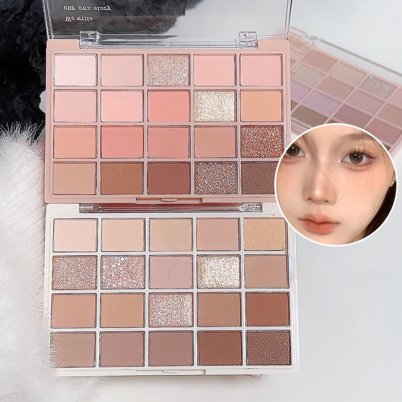 Makeup palette with various shades of eyeshadows and a close-up of a person wearing the makeup.