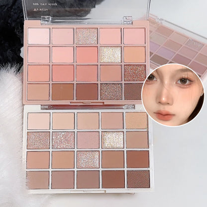 Makeup palette with various shades of eyeshadows and a close-up of a person wearing the makeup.