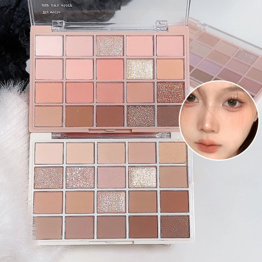 Makeup palette with various shades of eyeshadows and a close-up of a person wearing the makeup.