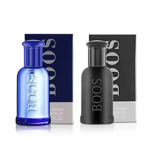Two BOSS perfume bottles, one blue and one black, with their packaging on a white background.