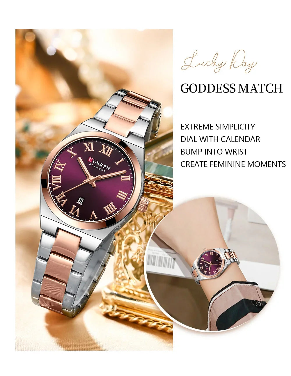Wristwatch with purple dial and rose gold accents on a decorative background