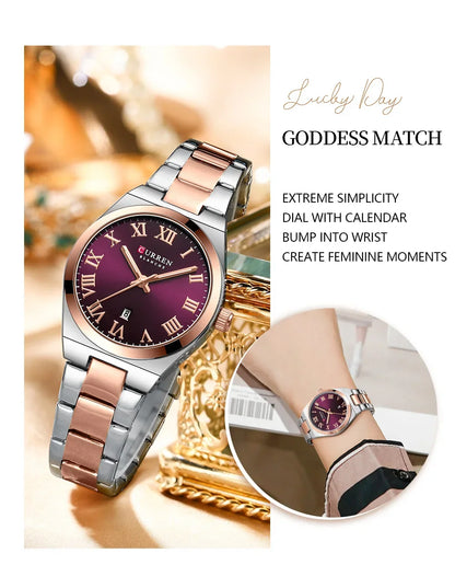 Wristwatch with purple dial and rose gold accents on a decorative background