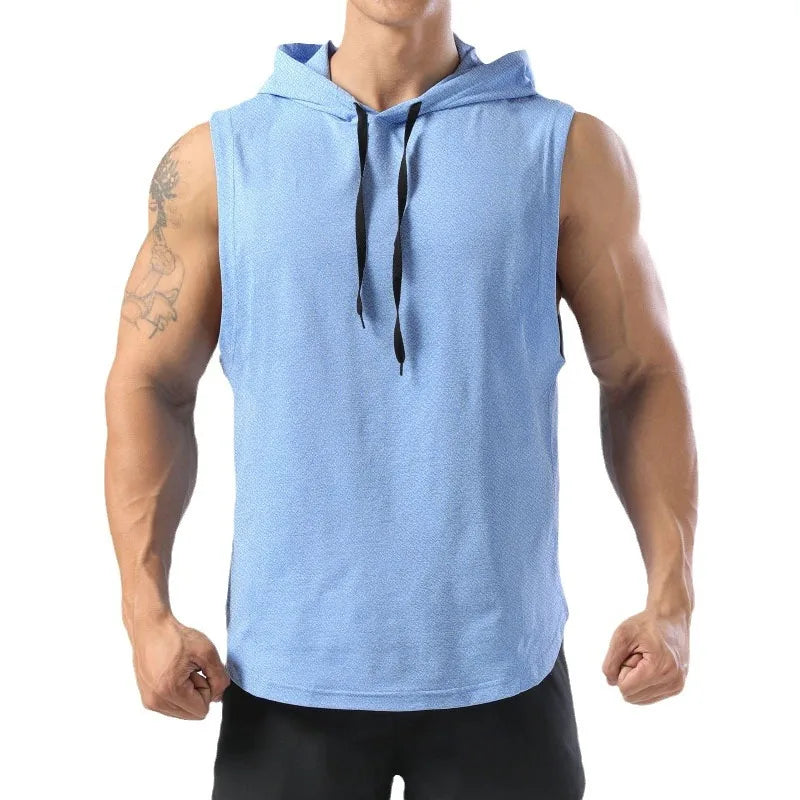 Light blue sleeveless hoodie worn by a person on a white background