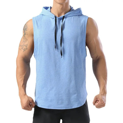 Light blue sleeveless hoodie worn by a person on a white background