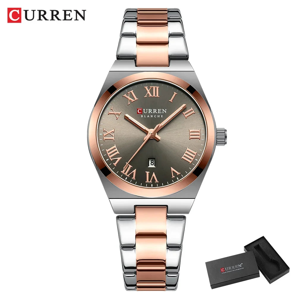 Curren watch with rose gold and silver band on a white background