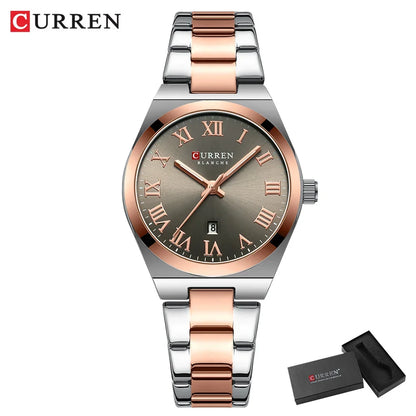 Curren watch with rose gold and silver band on a white background