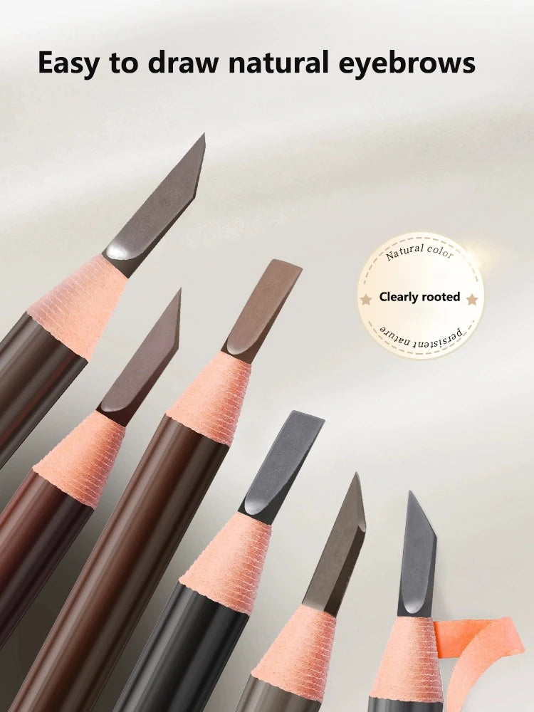 Set of eyebrow pencils with pink tips on a neutral background, labeled 'Easy to draw natural eyebrows'.
