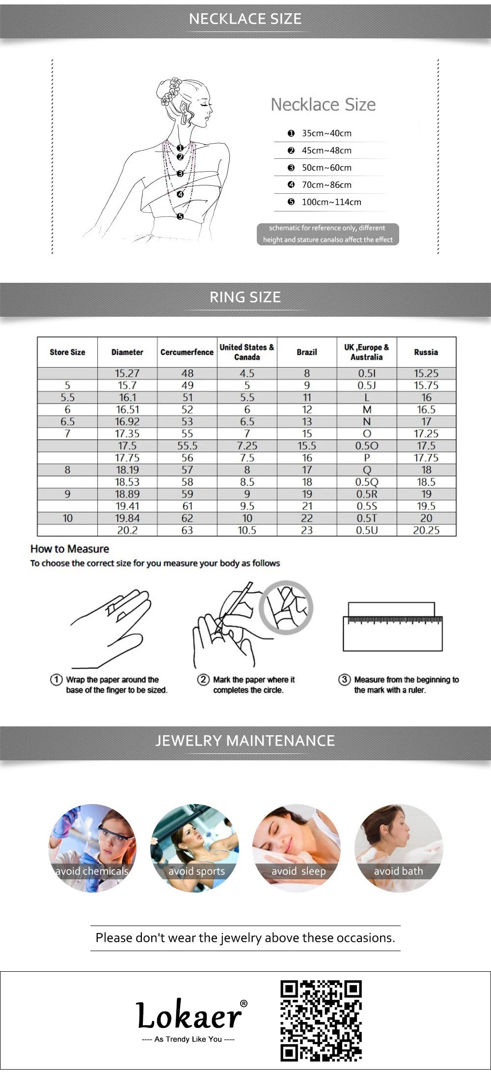 Jewelry size chart and maintenance guide with Lokaer branding