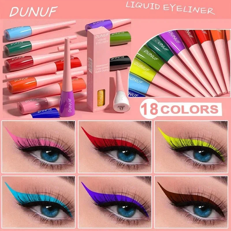 DUNUF liquid eyeliner set with 18 colors on a pink background, including packaging and color swatches.