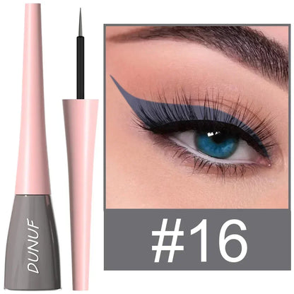 Eyeliner pen with pink and gray design and close-up of eye wearing the eyeliner.