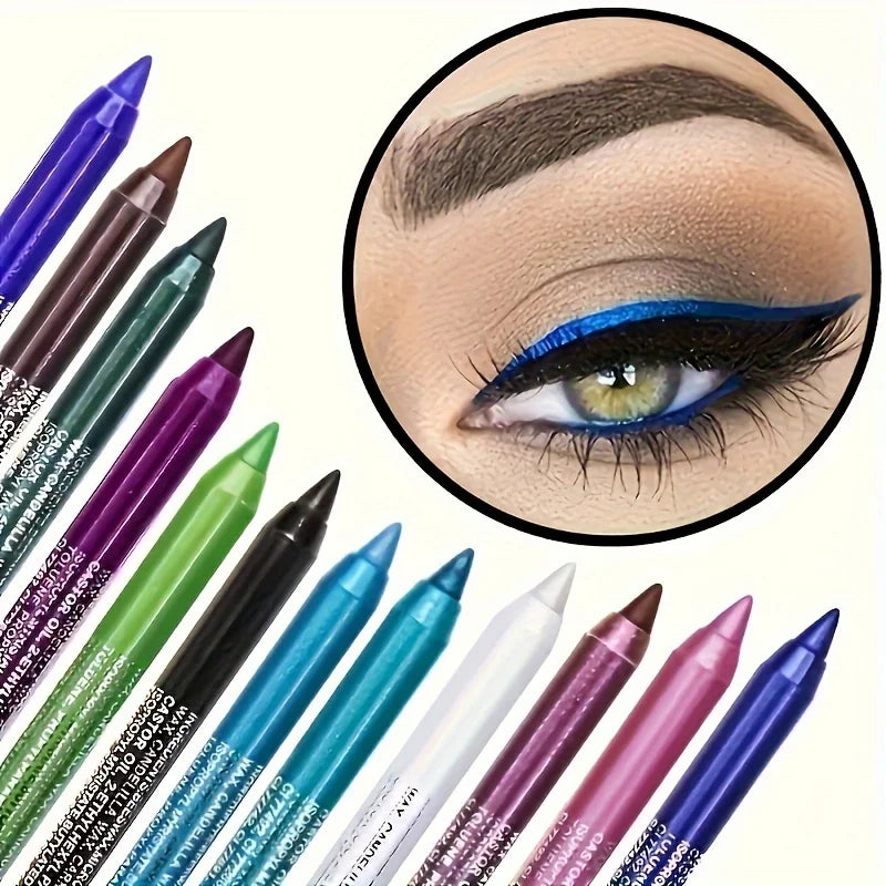 Set of colorful eye pencils with a close-up of an eye wearing blue eyeliner.