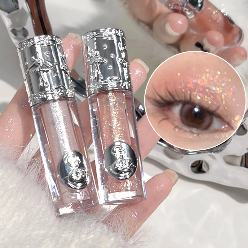 Two silver and clear eye drop containers with a close-up of an eye wearing glittery eyeliner.