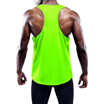 Person wearing a bright green tank top on a white background