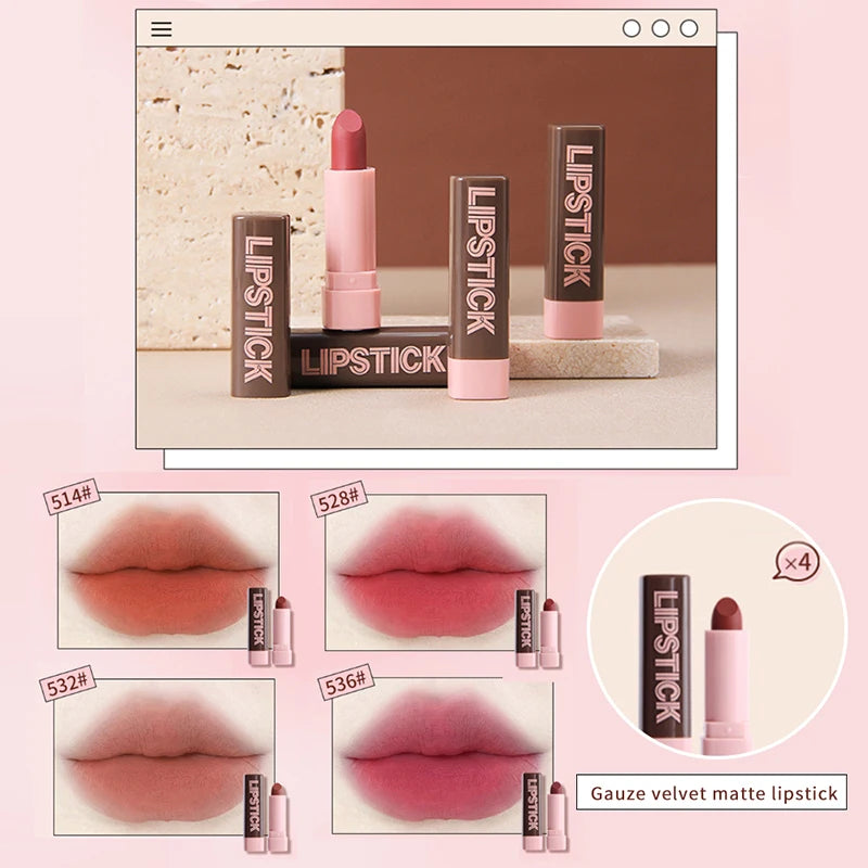 Lipstick display with close-up swatches on a pink background
