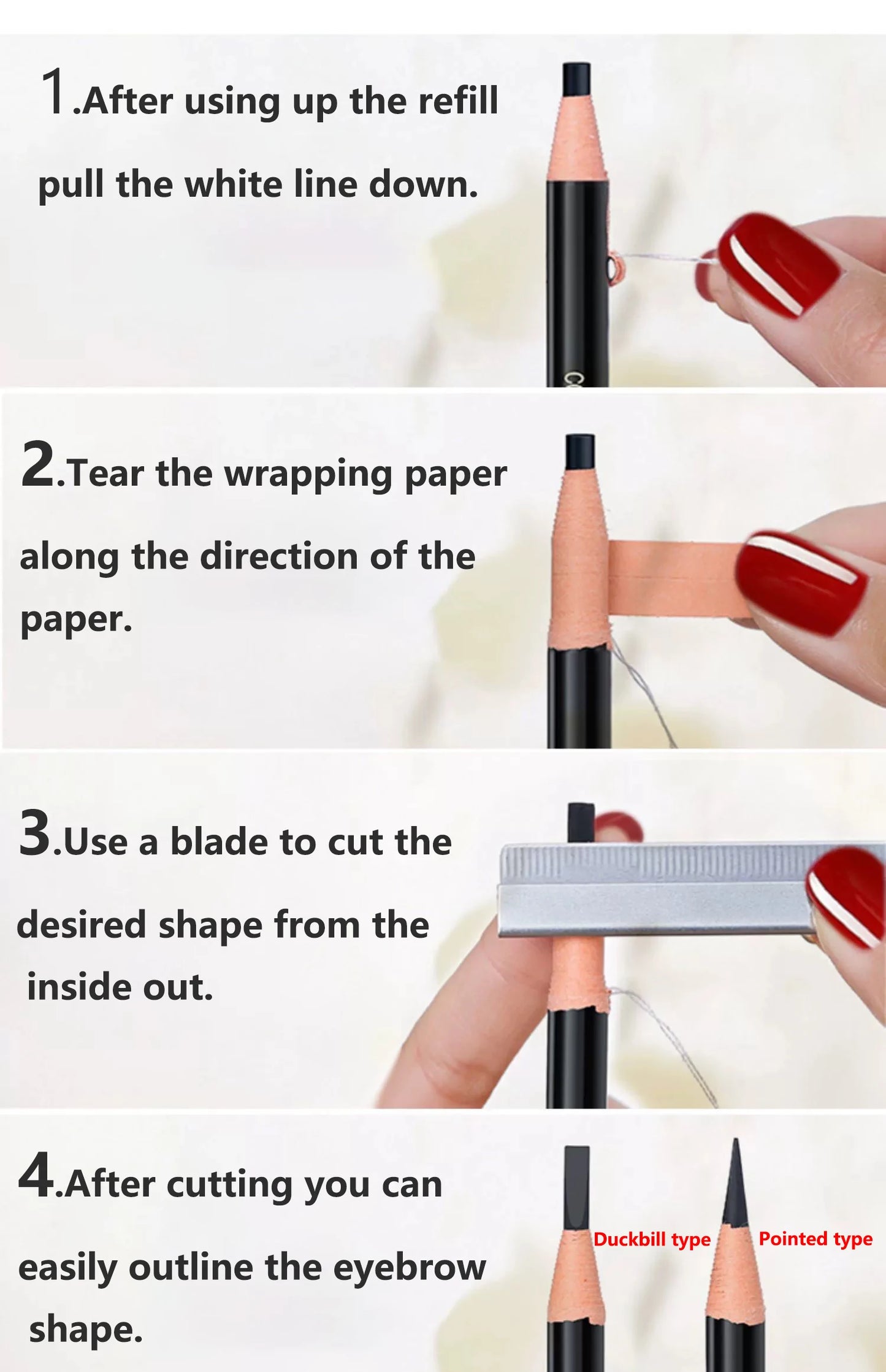 Instructions for using an eyebrow pencil with a blade on a white background