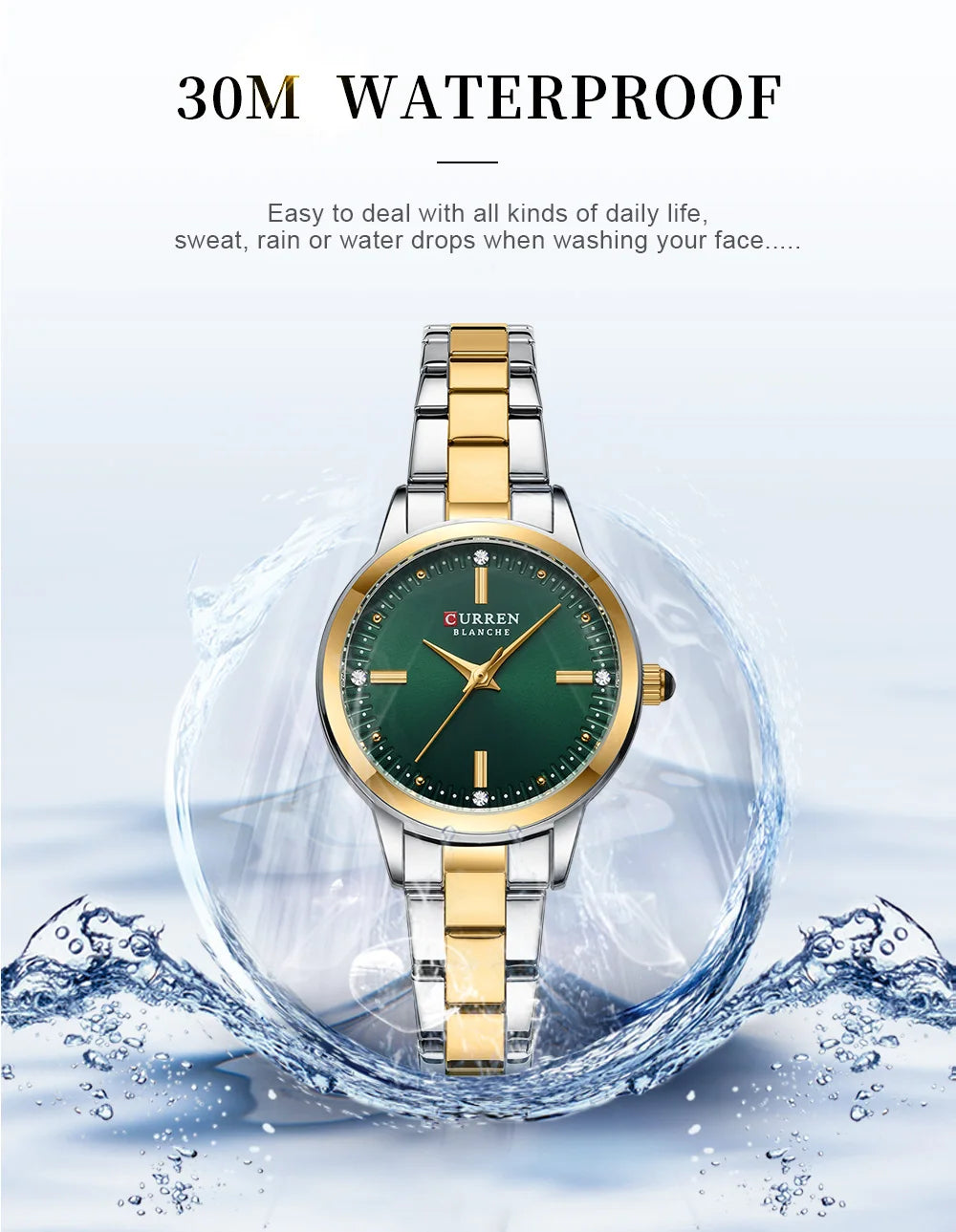 Gold and silver watch with green face on a white background