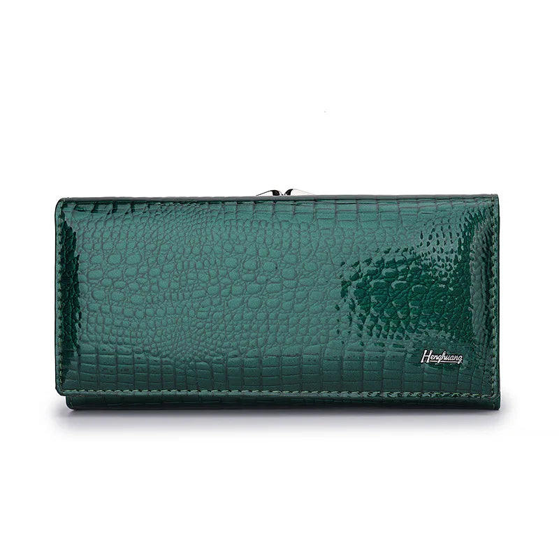 Green textured wallet with a brand logo on a white background