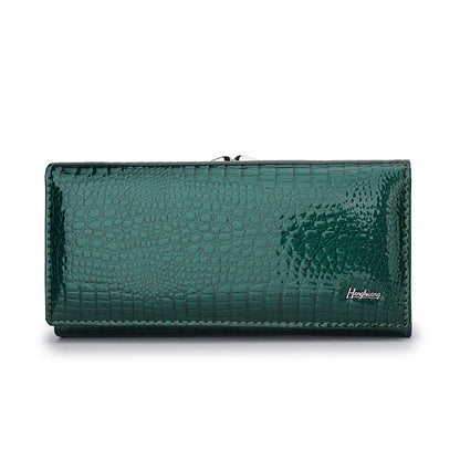 Green textured wallet with a brand logo on a white background