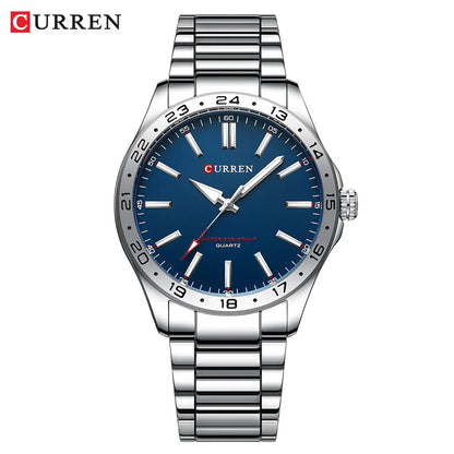 Curren watch with blue dial and silver metal strap on a white background