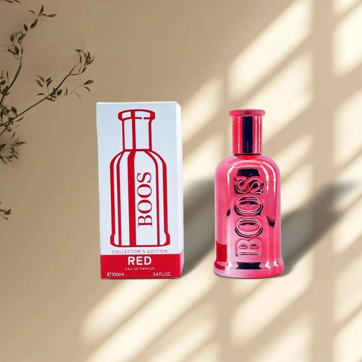 BOOS Red perfume bottle and packaging on a beige background