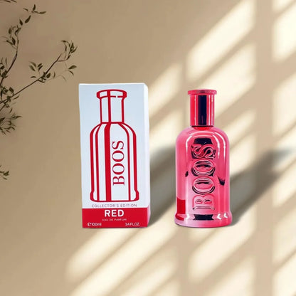 BOOS Red perfume bottle and packaging on a beige background