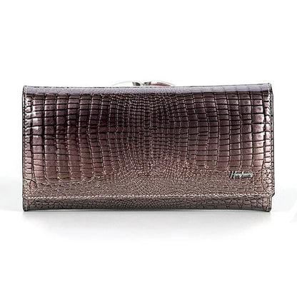 Brown textured wallet with a visible brand logo on a white background