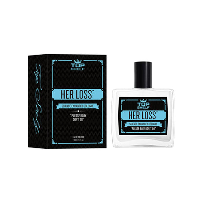 Top Shelf 'Her Loss' cologne bottle and packaging on a white background