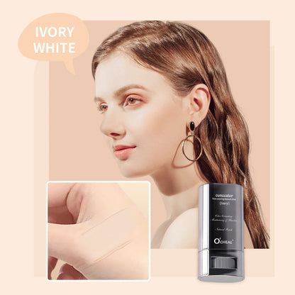 Woman with long hair and earrings, with a close-up of skin and O'Cheil skincare product on a beige background.