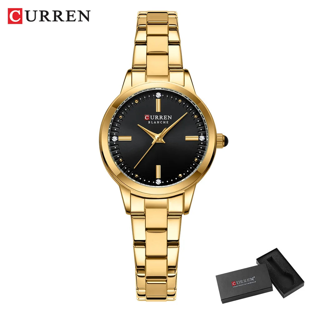 Gold wristwatch with black dial on a white background, featuring the brand 'Curren'.