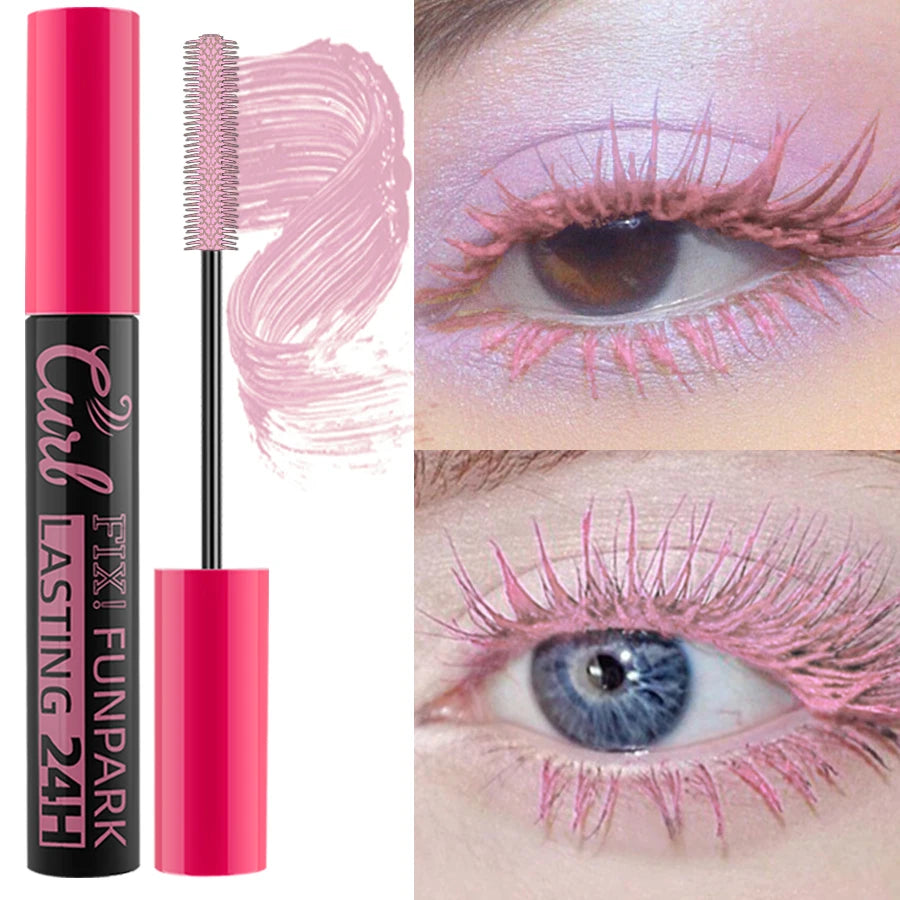 Mascara with pink lashes applied to eyes, featuring Funpark branding.