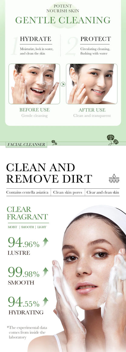 Cosmetic product packaging with before and after usage images, text, and a woman applying the product.